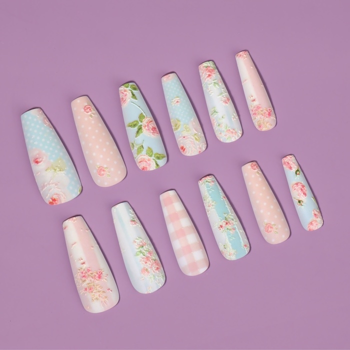 Ногти накладные с кл пластинами 12шт Прованс балерина беж/голуб к/кор QF