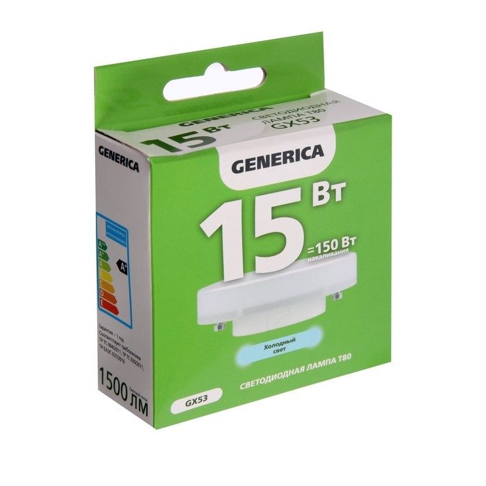 Лампа светодиодная GENERICA T80, 15 Вт, таблетка, 6500 К, GX53, 230 В, LL-T80-15-230-65-GX53-G Лампа светодиодная GENERICA T80, 15 Вт, таблетка, 6500 К, GX53, 230 В, LL-T80-15-230-65-GX53-G