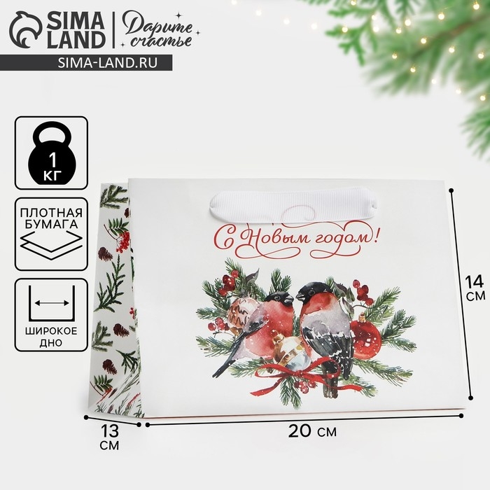 Пакет подарочный новогодний с широким дном «Снегири», 20 х 14 х 13.2 см, Новый год Пакет подарочный новогодний с широким дном «Снегири», 20 х 14 х 13.2 см, Новый год