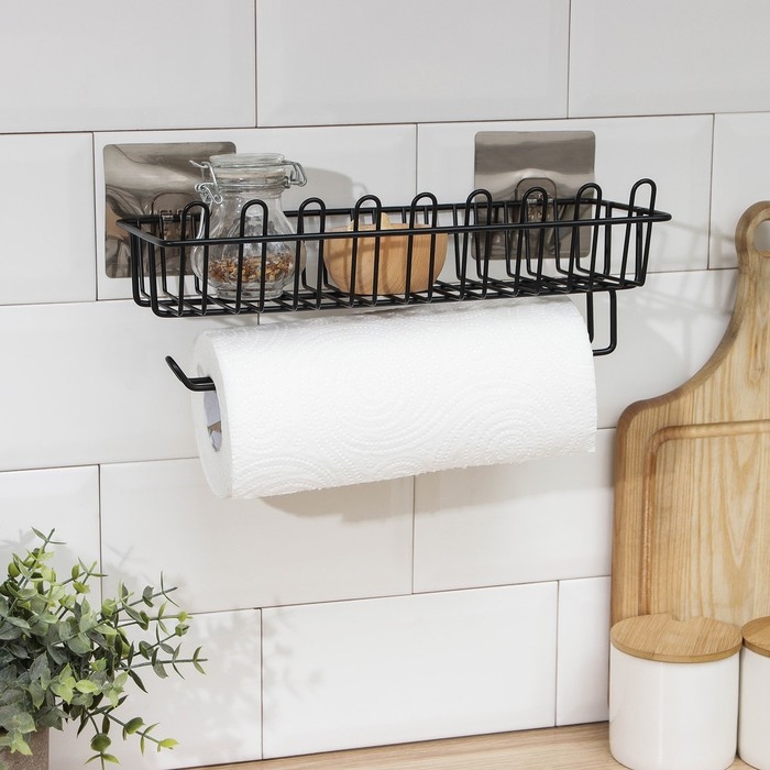 Полочка для губок и моющего средства, с держателем для полотенец, на липучке, цвет чёрный Полочка для губок и моющего средства, с держателем для полотенец, на липучке, цвет чёрный