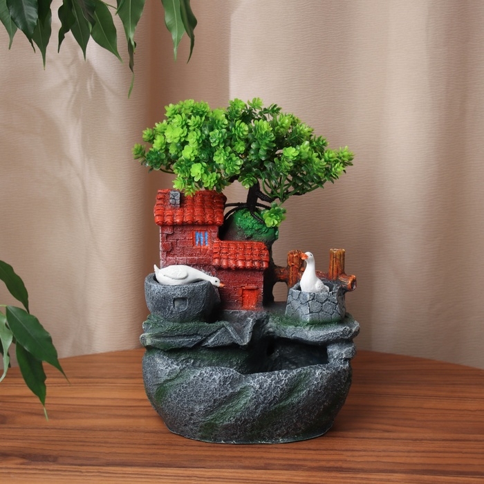 Фонтан Фонтан "Дом под деревом, каменные кадки" 27х18 см (с подсветкой, без шарика)