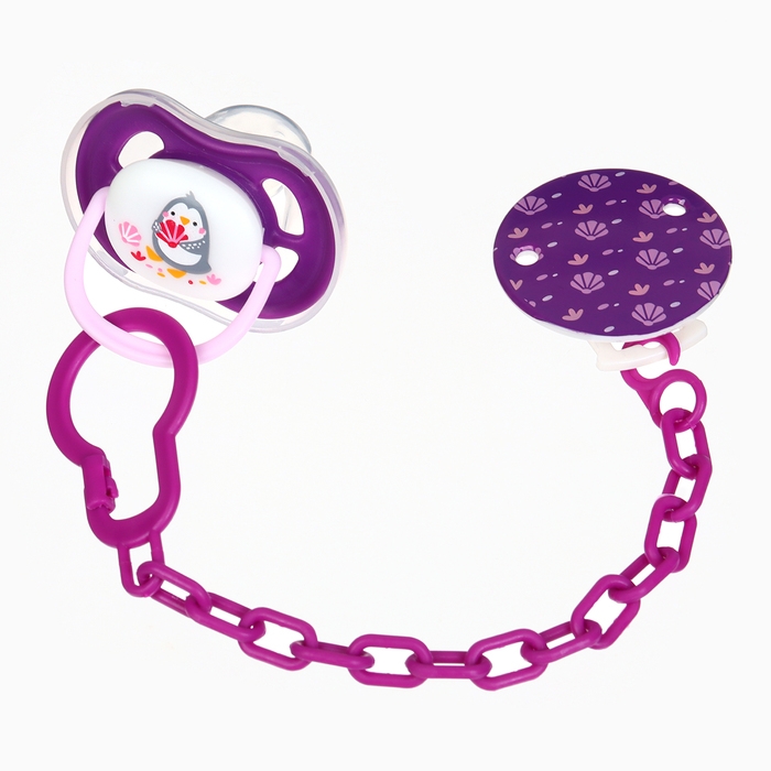 Набор: Соска - пустышка с держателем «Пингвинчик», анатомическая +6 мес, цвет фиолетовый Набор: Соска - пустышка с держателем «Пингвинчик», анатомическая +6 мес, цвет фиолетовый