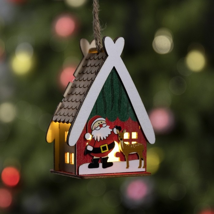 Ёлочная игрушка «Домик с Сантой», от батареек, свечение тёплое белое Ёлочная игрушка «Домик с Сантой», от батареек, свечение тёплое белое