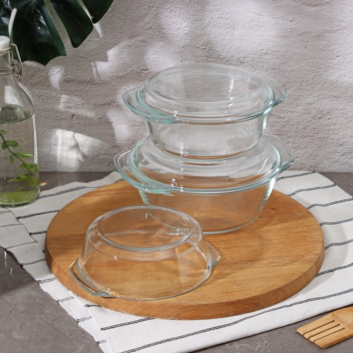 Набор кастрюль из жаропрочного стекла для запекания Доляна «Гратен», 3 предмета: 0,7 л, 1 л, 1,5 л, с крышками Набор кастрюль из жаропрочного стекла для запекания Доляна «Гратен», 3 предмета: 0,7 л, 1 л, 1,5 л, с крышками