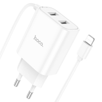 Сетевое зарядное устройство Hoco C103A, 2 USB, 2.1 А, встроенный кабель Lightning, 1 м,белое