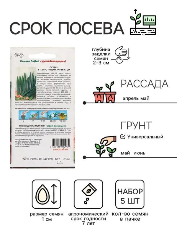 Семена Огурец &laquo;Хрустящий аллигатор &raquo;, набор 5 шт., &laquo;Рецепты дедушки Никиты&raquo;