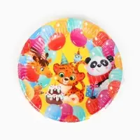 Тарелка одноразовая бумажная «С Днём рождения, весёлые зверята», жёлтая, 18 см