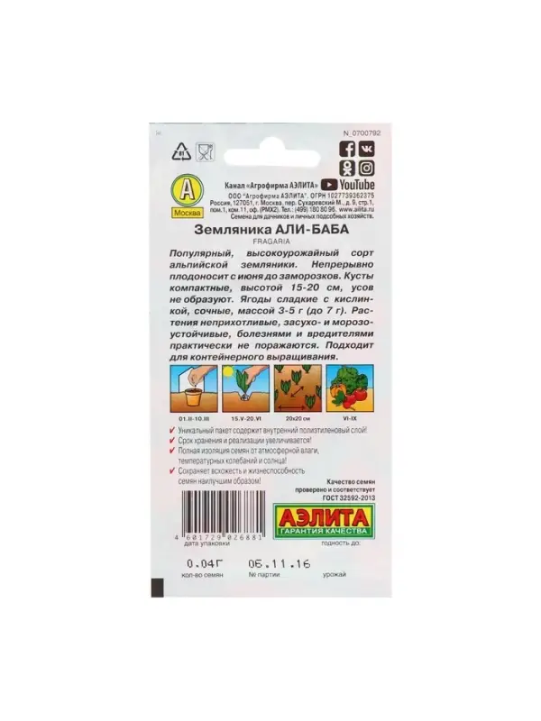 Набор семян Земляника "Али Баба" ремонтантная, 5 шт.