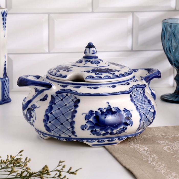 Супница «Цветы», D=23 см, H=15 см, малая, гжель Супница «Цветы», D=23 см, H=15 см, малая, гжель