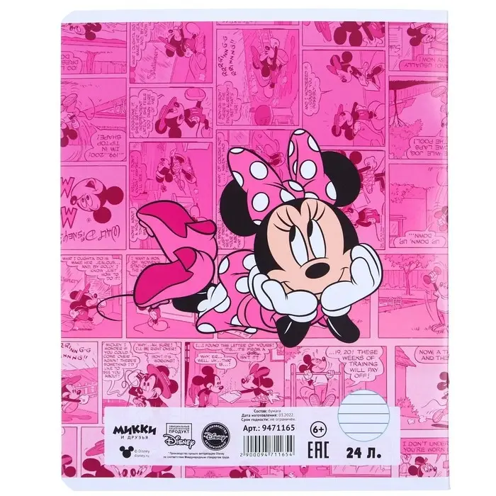 Тетрадь в линейку 24 листа, 5 видов МИКС, обложка мелованная бумага, &laquo;Минни Маус&raquo;