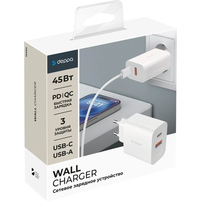 Зарядное устройство сет. Deppa (11494)45W USB-C + USB-A PD 3.0 QC 4.0 белый