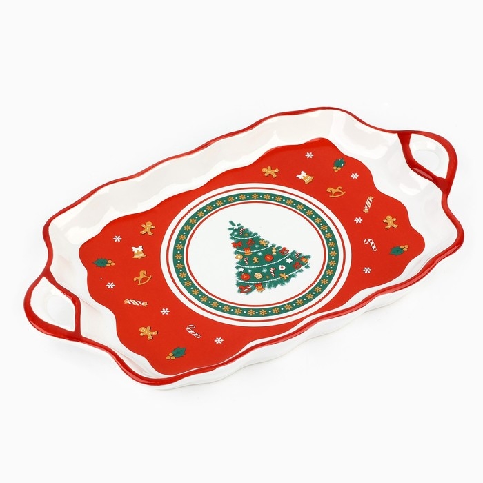 Новый год! Блюдо новогоднее керамическое «Пряничные человечки», 23х13х2.5 см, цвет белый