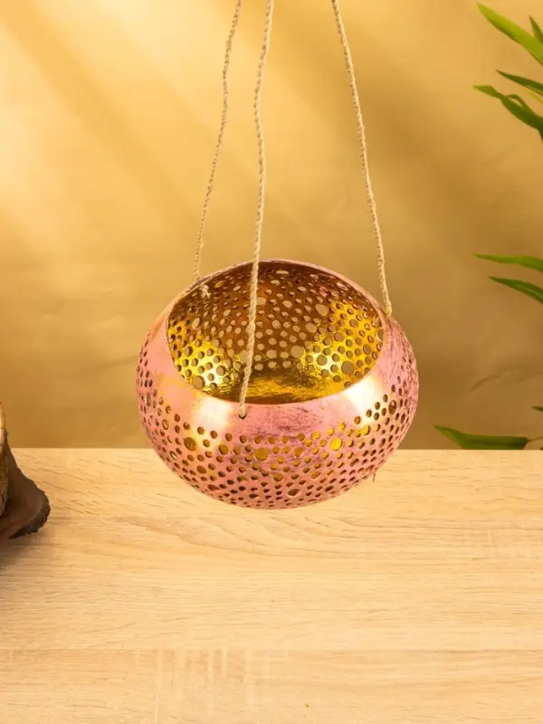 Подсвечник подвесной из кокоса, 14×14×10 см, тёмно золотисто-розовый