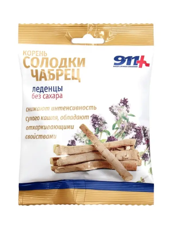 Леденцы 911 без сахара, корень солодки, чабрец, витамин С, 50 г