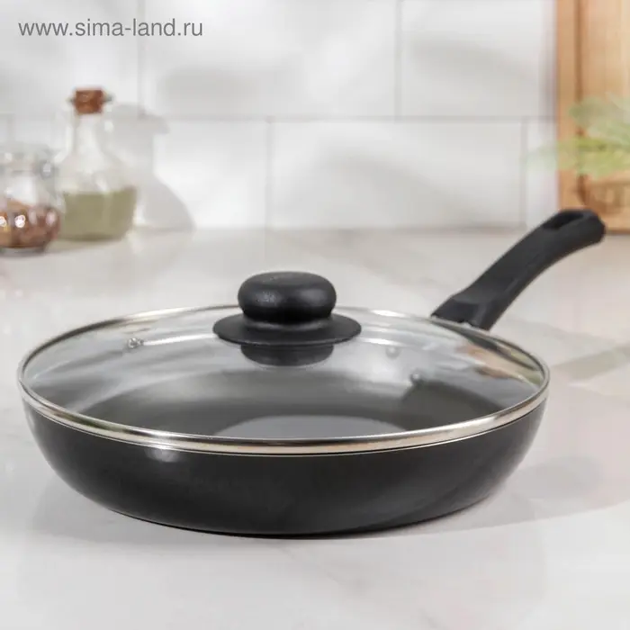 Сковорода Promo, d=24 см, стеклянная крышка, антипригарное покрытие, алюминий, чёрная