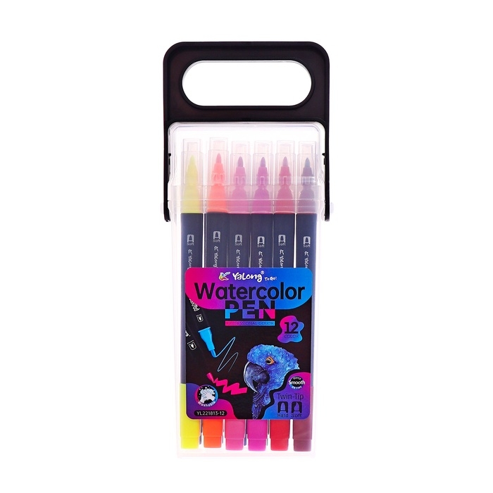 Набор маркеров 12 цветов, двусторонние, черный корпус в пластиковом пенале Набор маркеров 12 цветов, двусторонние, черный корпус в пластиковом пенале