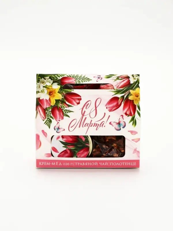 Набор с крем-мёдом 120, чаем и полотенцем в коробке "С 8 марта"