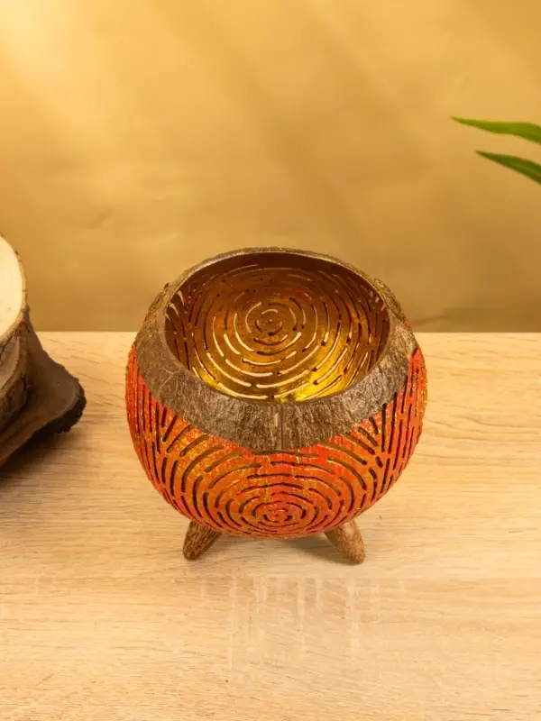 Подсвечник из кокоса, 15×15×13 см, красный