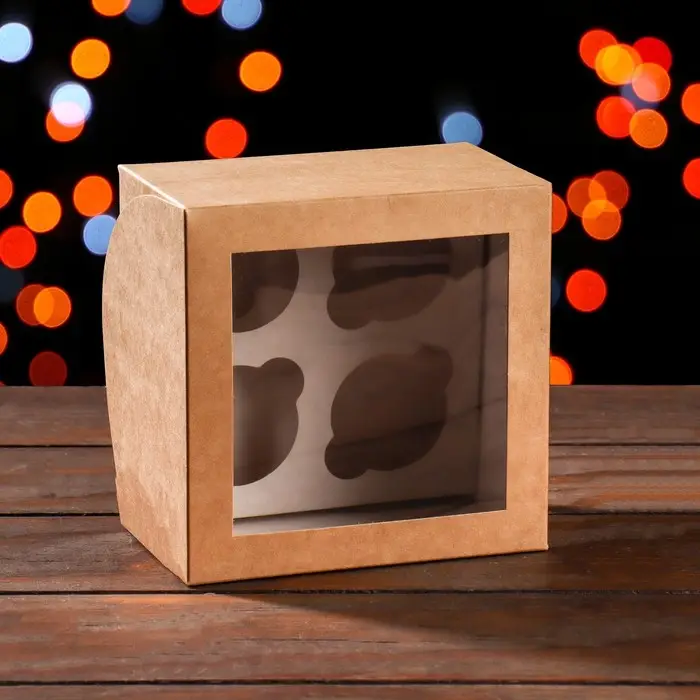 Упаковка на 4 мини - капкейка крафт с окном, 13×13×8 см Упаковка на 4 мини - капкейка крафт с окном, 13×13×8 см