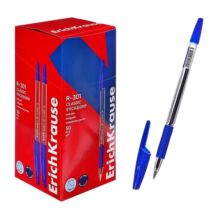 Ручка шариковая ErichKrause R-301 Classic Stick & Grip, узел 1.0 мм, синяя, с резиновым держателем, мягкое и комфортное письмо Ручка шариковая ErichKrause R-301 Classic Stick & Grip, узел 1.0 мм, синяя, с резиновым держателем, мягкое и комфортное письмо