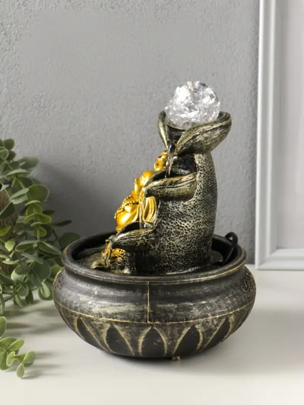 Фонтан настольный от сети, подсветка "Хотей с двумя слитками золота" 16х16х20 см