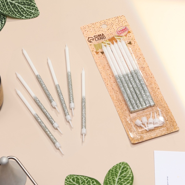 Свечи для торта Свечи для торта "Блестящее сияние", 6 шт, белые с серебром