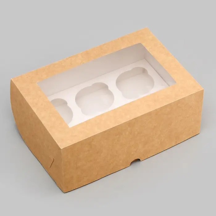 Коробка для 6 капкейков с окном, крафт, 25&times;17&times;10 см