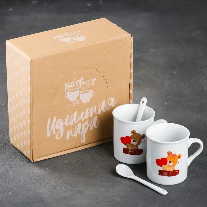 Набор из керамики «Для неё и для него»: кружка 180 мл 2 шт., ложка 2 шт. , цвет белый Набор из керамики «Для неё и для него»: кружка 180 мл 2 шт., ложка 2 шт. , цвет белый