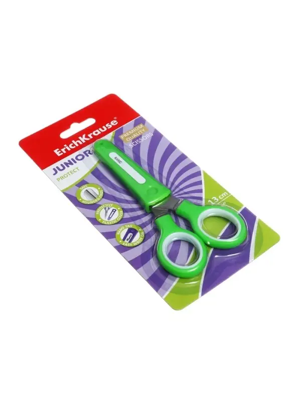 Ножницы детские ErichKrause Junior Protect, 13 см, с пластиковым чехлом и именным стикером, в блистере, МИКС