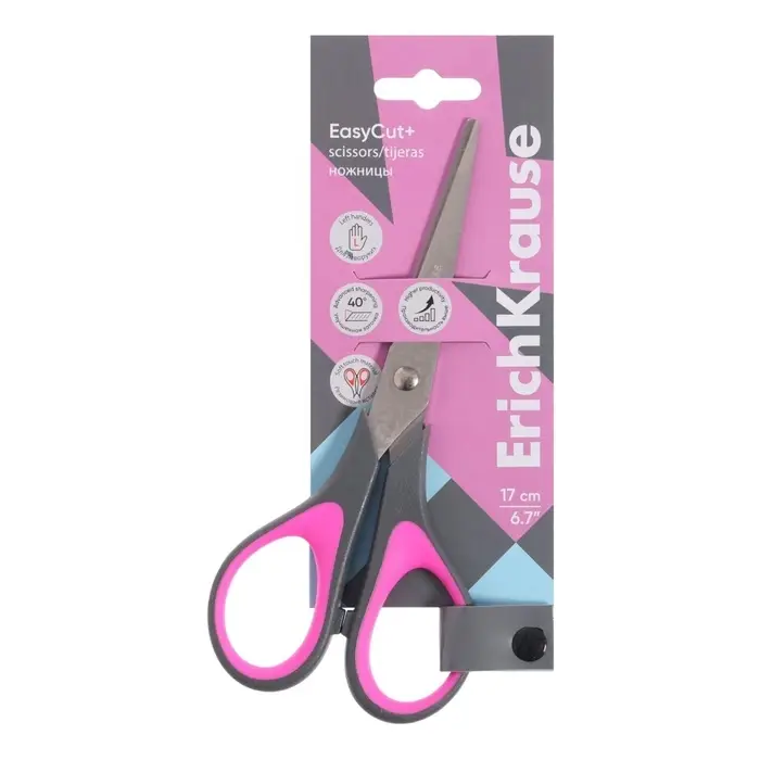 Ножницы ErichKrause EasyCut+, 17 см, для левшей, антискользящие резиновые вставки, европодвес,МИКС