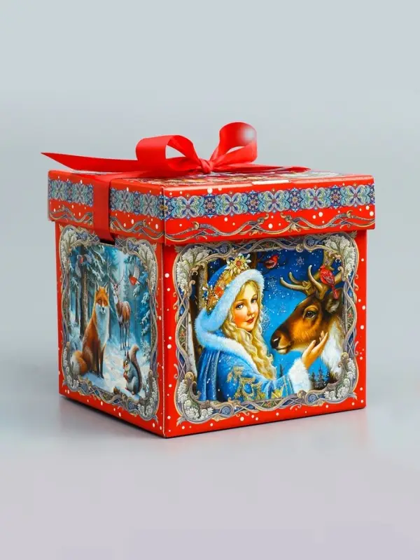 Подарочная новогодняя коробка крышка-дно с атласной лентой 17×17×17 см Подарочная новогодняя коробка крышка-дно с атласной лентой 17×17×17 см