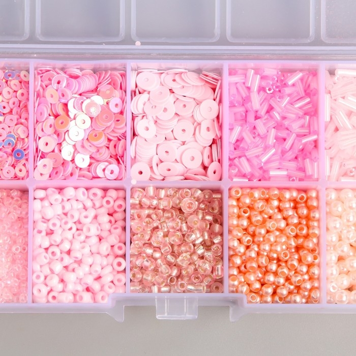 Бисер стекло 8/0, 12/0 в шкатулке  Бисер стекло 8/0, 12/0 в шкатулке "Розовый" бусины, стеклярус и пайетки 13х6,5х2,3 см