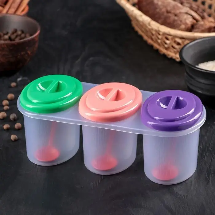 Набор банок для сыпучих продуктов «Комфорт», 3 шт, 21×9,5×8 см, с ложками, цвет МИКС Набор банок для сыпучих продуктов «Комфорт», 3 шт, 21×9,5×8 см, с ложками, цвет МИКС