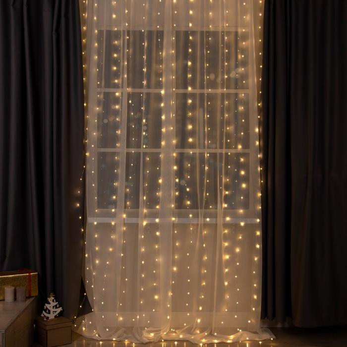 Гирлянда «Занавес» 2 × 3 м роса, IP20, серебристая нить, 450 LED, свечение тёплое белое, 8 режимов, 220 В