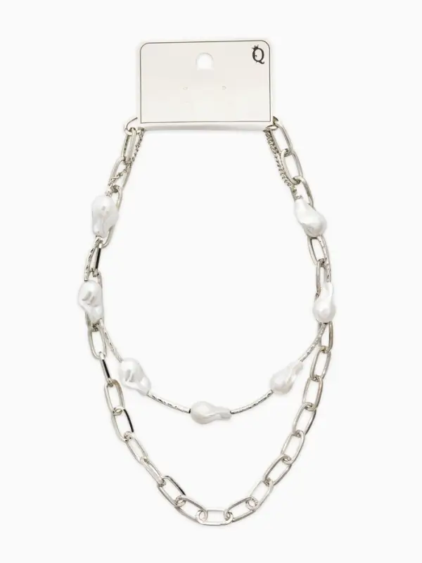 Колье "Жемчуг" борокко, цепь, 2 яруса, цвет белый в серебре