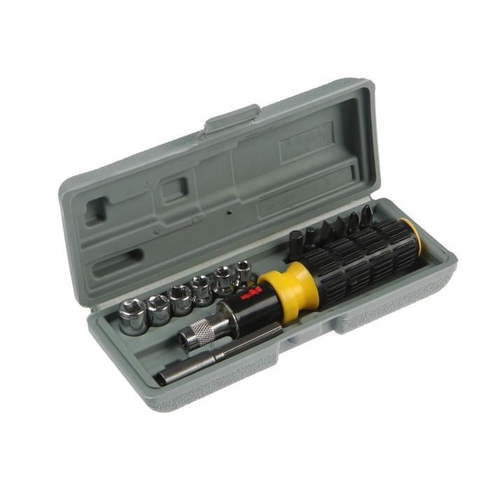 Отвертка с набором бит и головок ТУНДРА, реверсивная, в кейсе, 14 предметов Отвертка с набором бит и головок ТУНДРА, реверсивная, в кейсе, 14 предметов