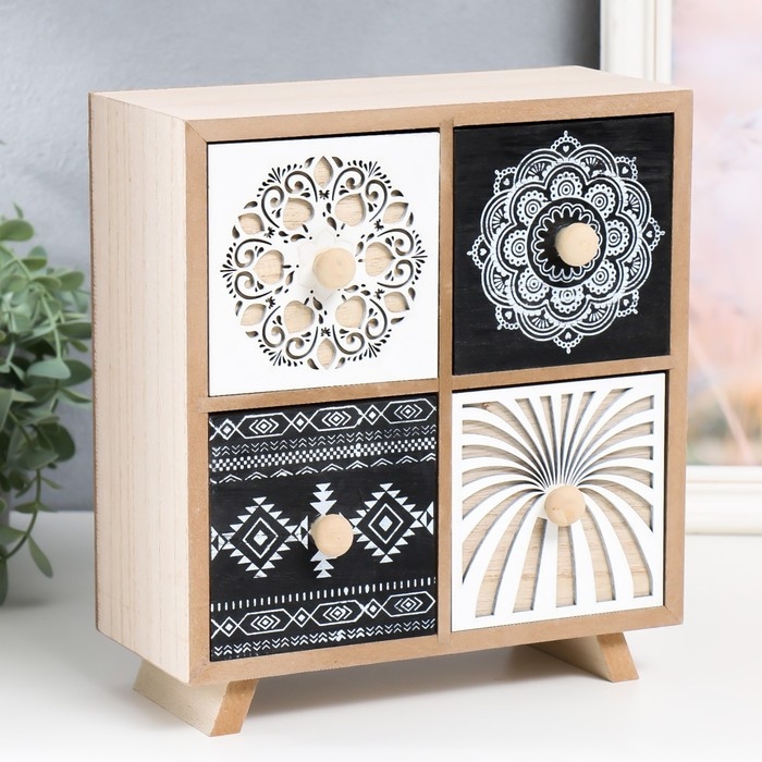 Шкатулка дерево комод 4 ящика Шкатулка дерево комод 4 ящика "Вышивка. Узоры" 22,5х10х24,5 см