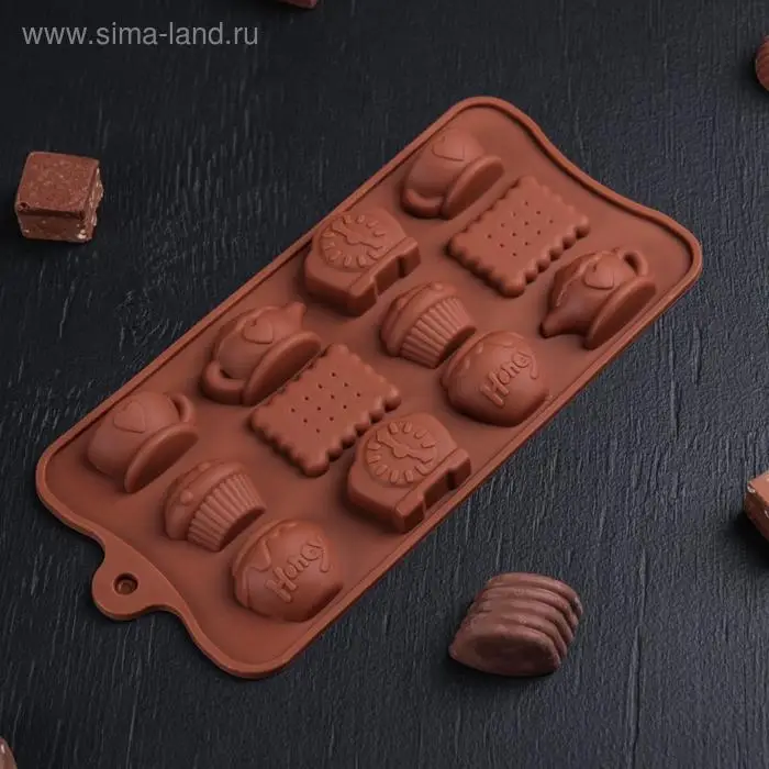 Форма силиконовая для украшений Доляна &laquo;Чаепитие&raquo;, 22.5&times;10.5&times;2 см, 12 ячеек, силикон, коричневая