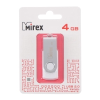 Флешка Mirex SWIVEL WHITE, 4 Гб, USB2.0, чт до 25 Мб/с, зап до 15 Мб/с, белая