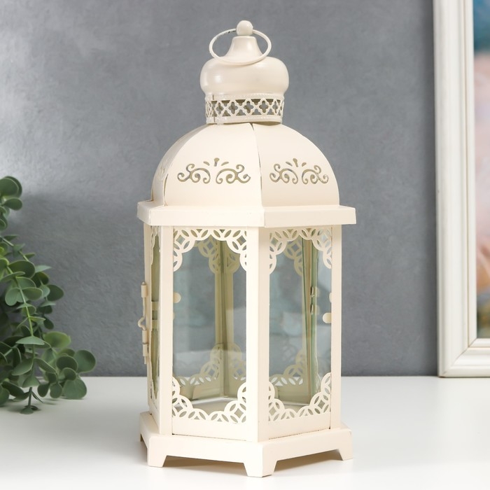 Подсвечник металл, стекло Подсвечник металл, стекло "Фонарь - цветущие вензеля" d-10 см белый 13,5х15х29 см