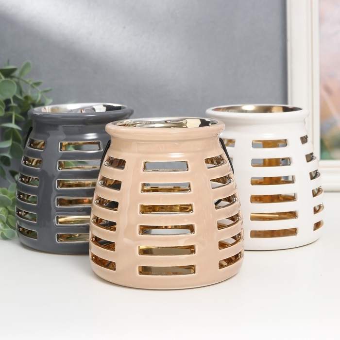 Подсвечник керамика на 1 свечу Подсвечник керамика на 1 свечу "Фонарь. Полосы" внутри золото МИКС 11,5х11,5х11 см