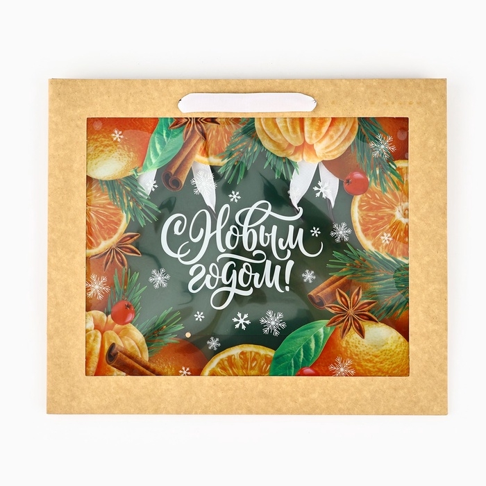Пакет подарочный новогодний крафтовый с пластиковым окном &laquo;Новогодняя мандаринка&raquo;, 31 х 26 х 11 см