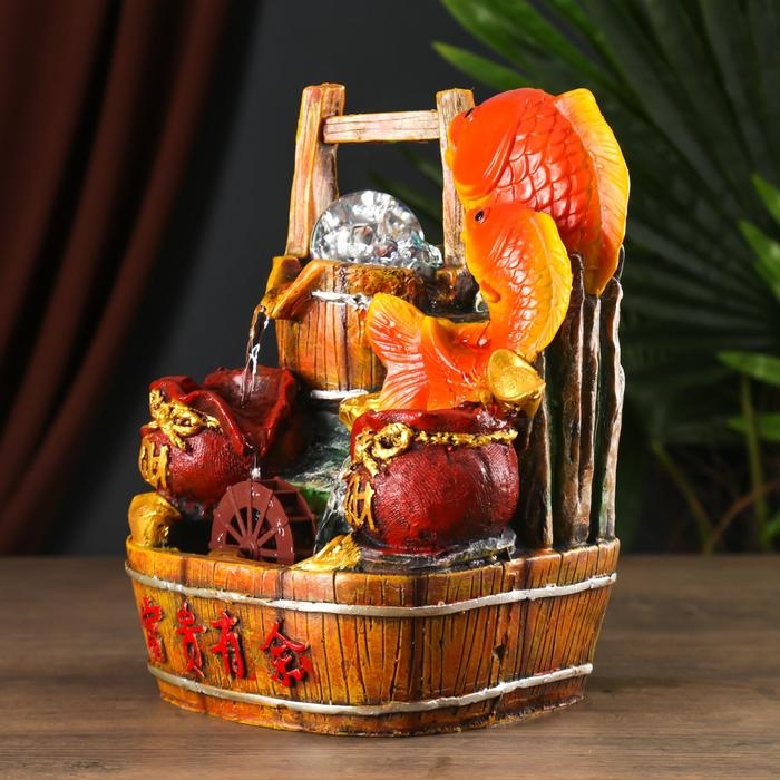 Фонтан настольный полистоун от сети "Два карпа у водяной мельницы" 26х21х16 см