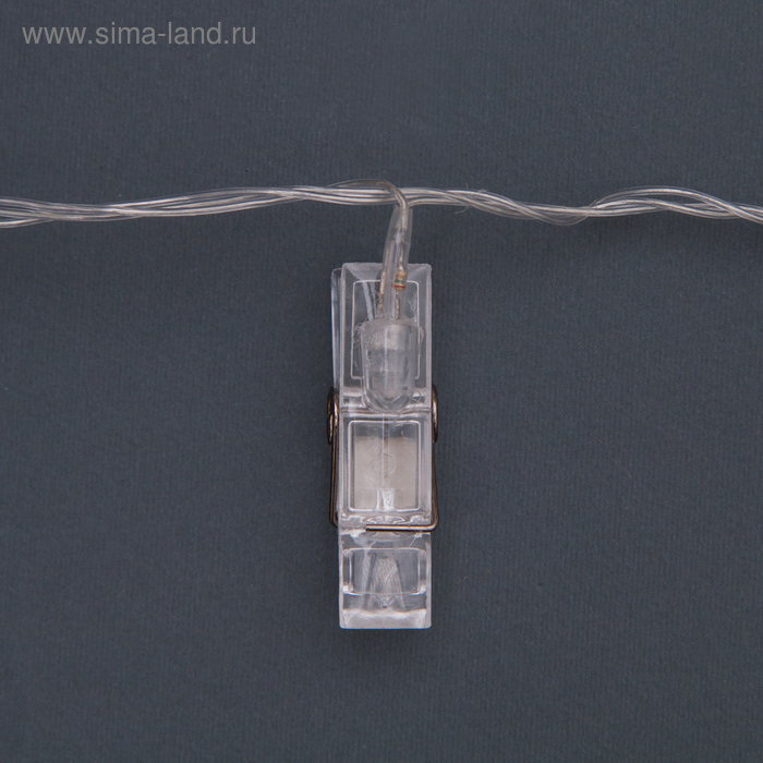 Гирлянда «Нить» 5 м с насадками «Прищепки», IP20, прозрачная нить, 30 LED, свечение белое, 8 режимов, 220 В