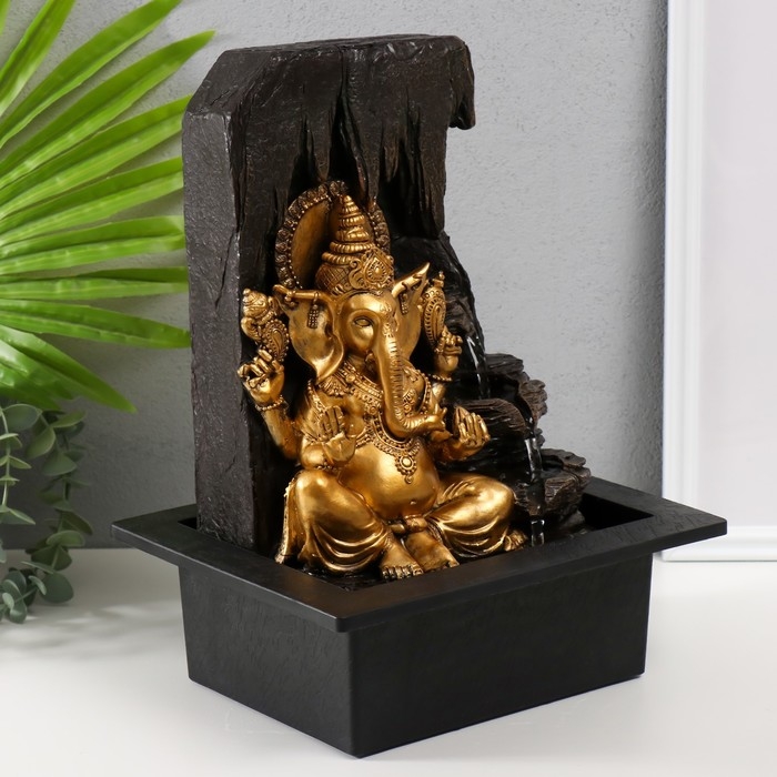 Фонтан настольный от сети, подсветка Фонтан настольный от сети, подсветка "Золотой Ганеша в гроте" 25х20х33 см