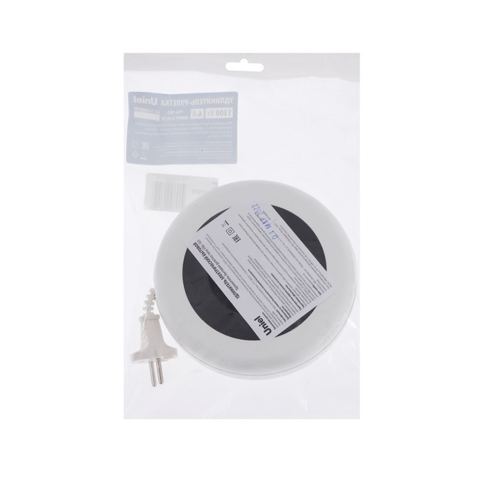 Удлинитель-рулетка Uniel, 3 розетки, 5 м, 6 А, 1300 Вт, ШВВП 2х0.75 мм2, без з/к, белый Удлинитель-рулетка Uniel, 3 розетки, 5 м, 6 А, 1300 Вт, ШВВП 2х0.75 мм2, без з/к, белый