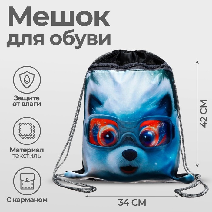 Мешок для обуви с карманом 420 х 340 мм, Calligrata МСО-7С, (мягкий полиэстер, плотность 210D),  Мешок для обуви с карманом 420 х 340 мм, Calligrata МСО-7С, (мягкий полиэстер, плотность 210D), "Пушистый дружок песик"