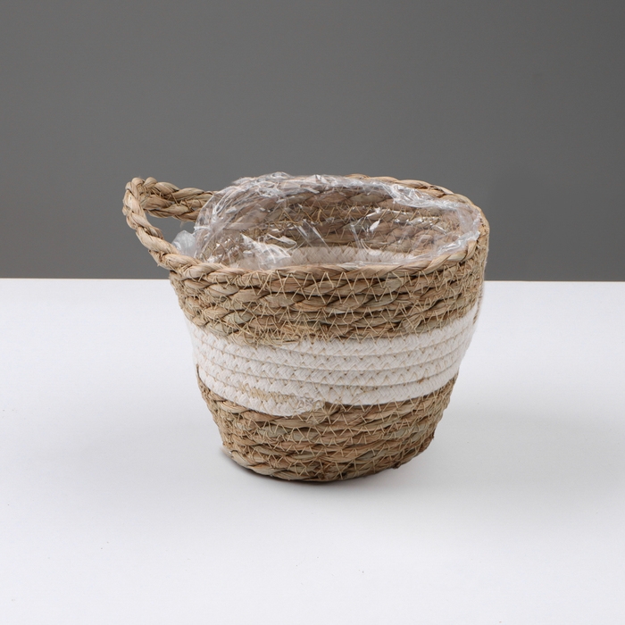 Кашпо плетеное  Кашпо плетеное "Танзания" с ручкой, 15,5х15,5х13,5 см, натуральный, белый