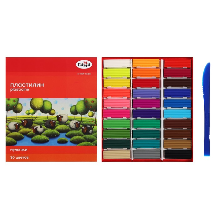 Пластилин 30 цветов 600 г, Гамма Пластилин 30 цветов 600 г, Гамма "Мультики", со стеком, картонная упаковка 210119_04