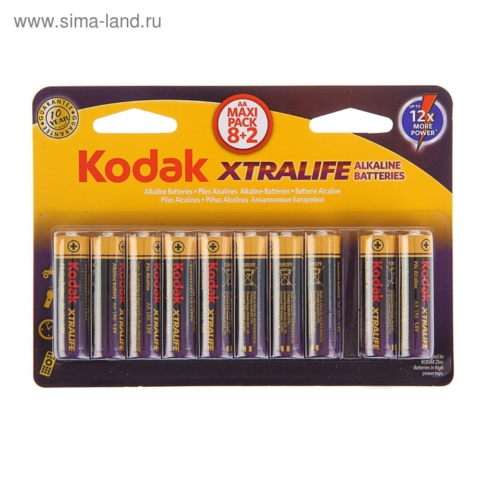 Батарейка алкалиновая Kodak XtraLife, AA, LR6-10BL, 1.5В, спайка, 10 шт. Батарейка алкалиновая Kodak XtraLife, AA, LR6-10BL, 1.5В, спайка, 10 шт.
